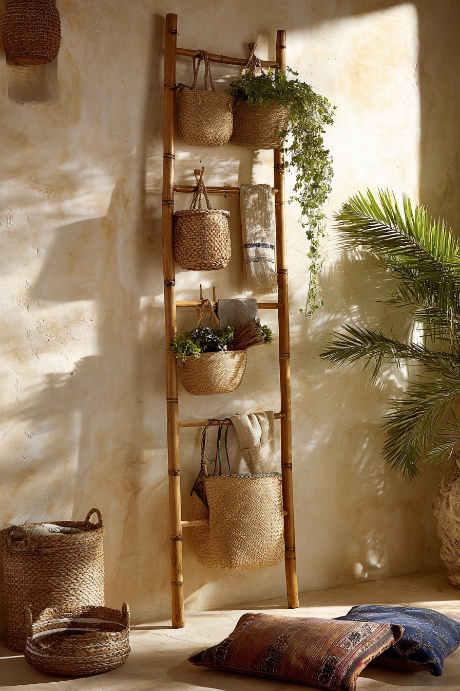Vintage wooden ladder leaning on a plaster wall holding woven baskets, rolled throws and hanging plants