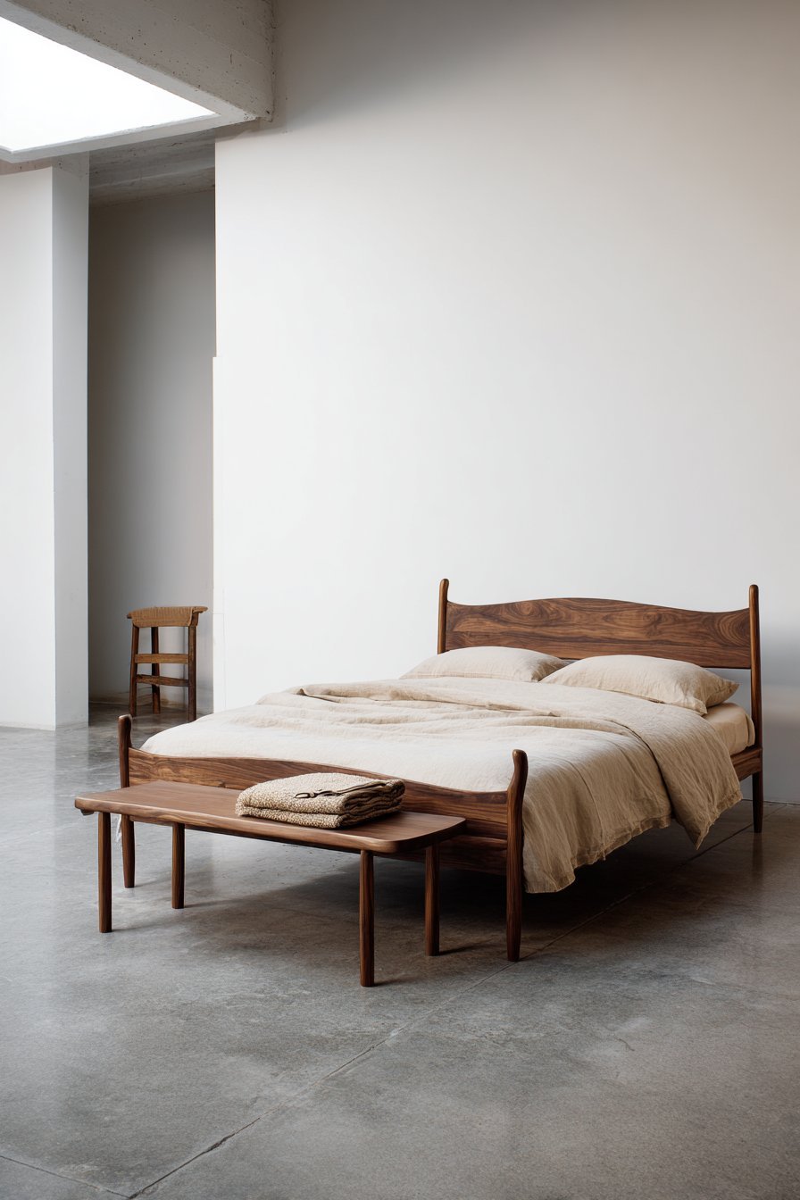 Walnut bed frame with tapered legs, mushroom-colored duvet, oak bench and skylight above a polished grey concrete floor