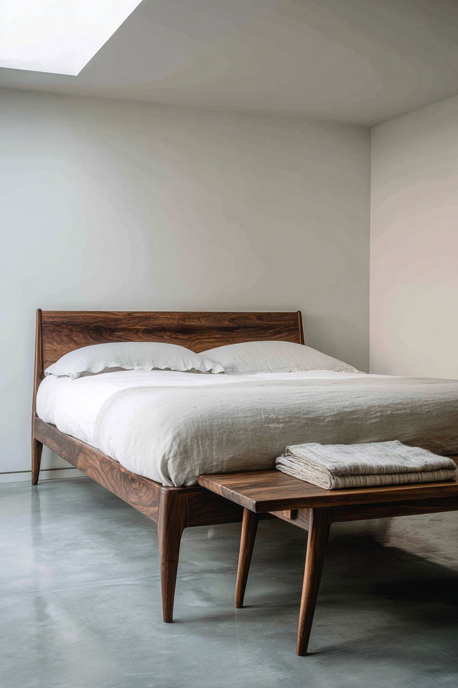 Walnut bed frame with tapered legs, mushroom-colored duvet, oak bench and skylight above a polished grey concrete floor