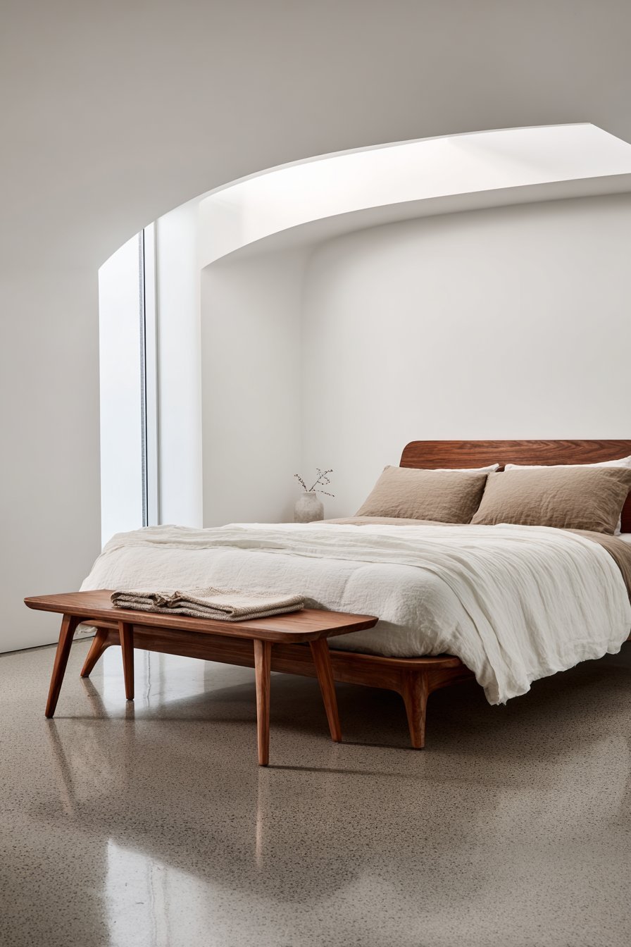 Walnut bed frame with tapered legs, mushroom-colored duvet, oak bench and skylight above a polished grey concrete floor