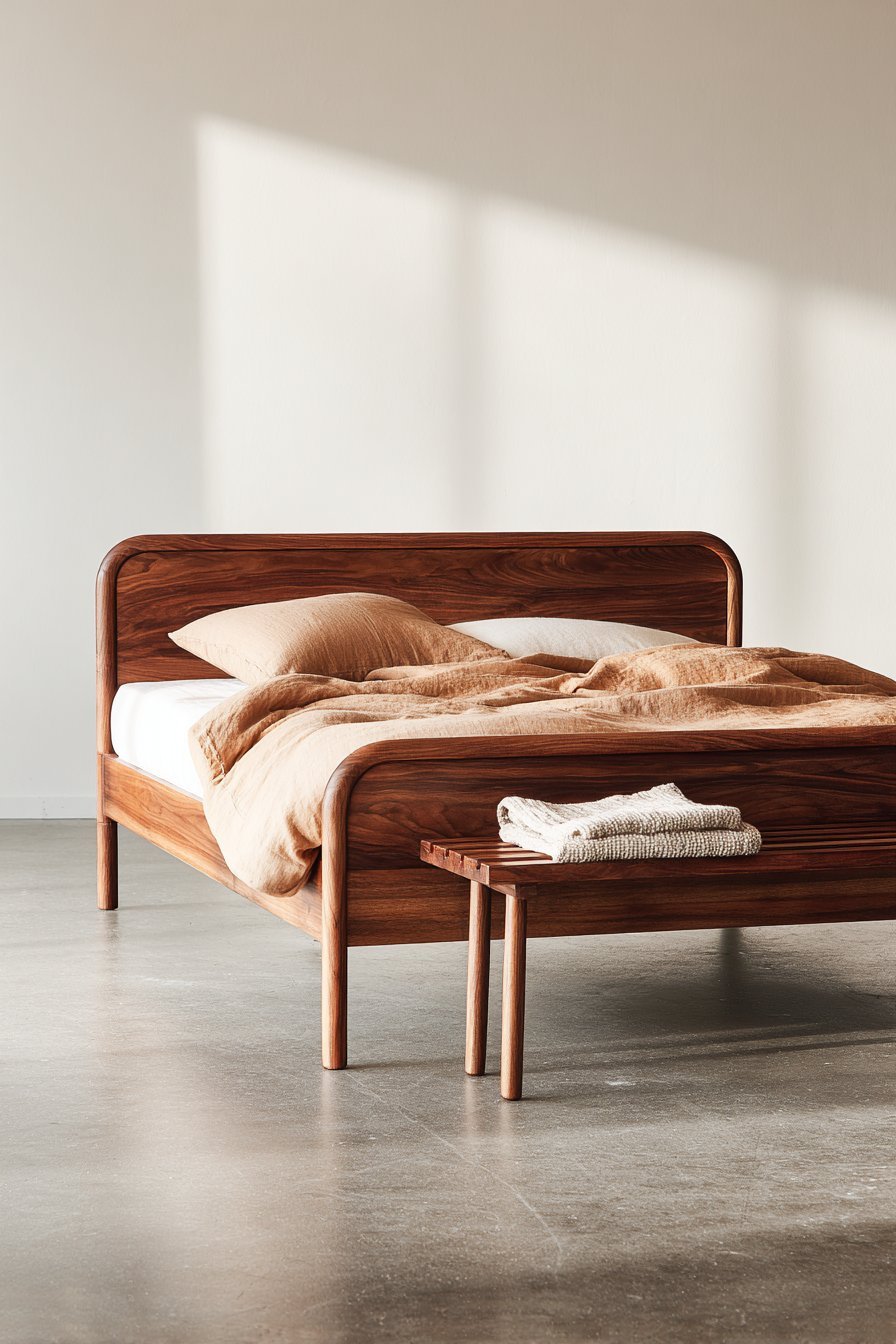 Walnut bed frame with tapered legs, mushroom-colored duvet, oak bench and skylight above a polished grey concrete floor