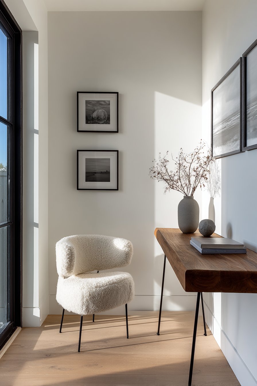 Black-framed photography gallery wall above a walnut console with hairpin legs, dried branches and bentwood chair