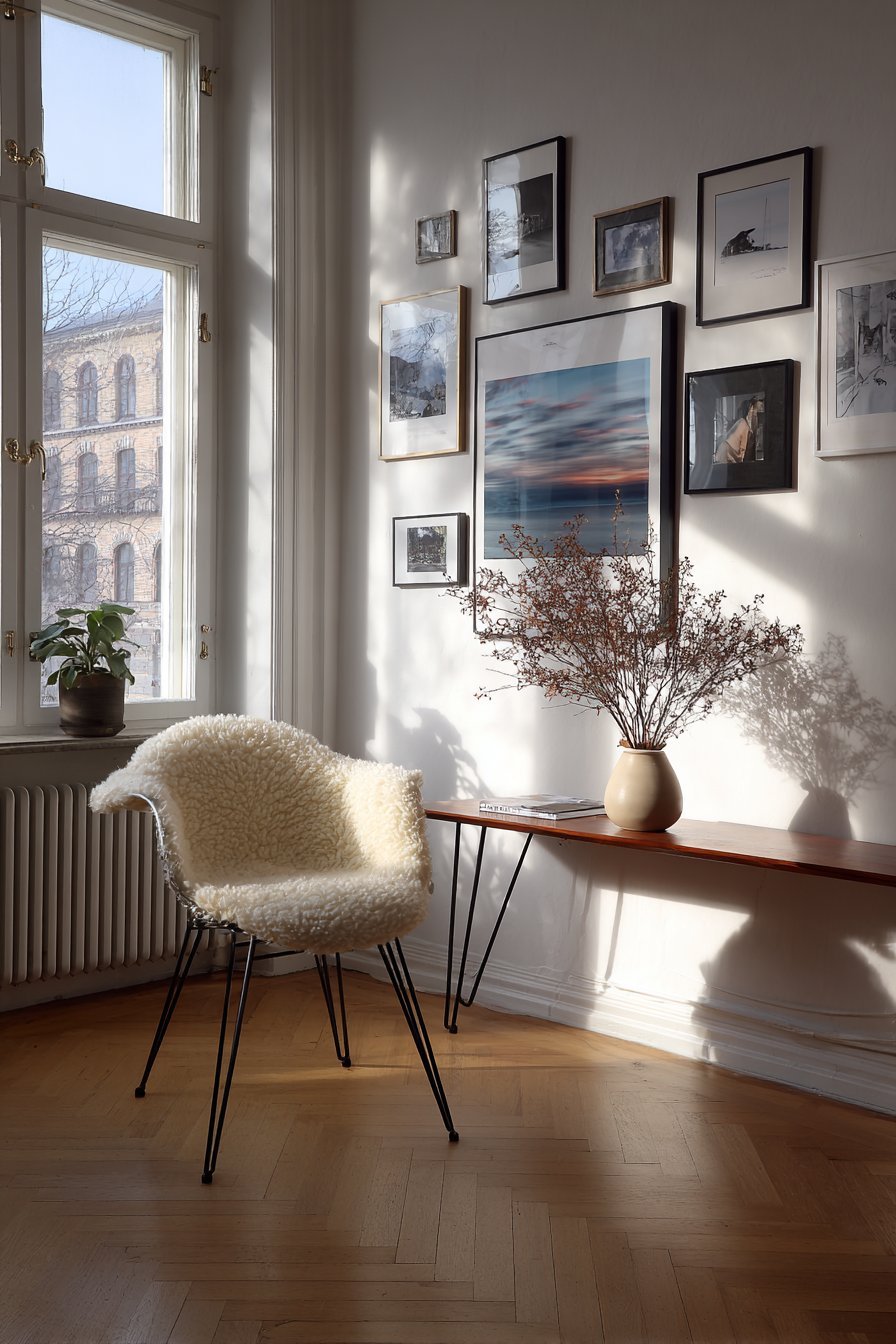 Black-framed photography gallery wall above a walnut console with hairpin legs, dried branches and bentwood chair