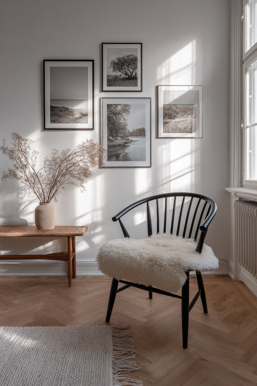 Black-framed photography gallery wall above a walnut console with hairpin legs, dried branches and bentwood chair