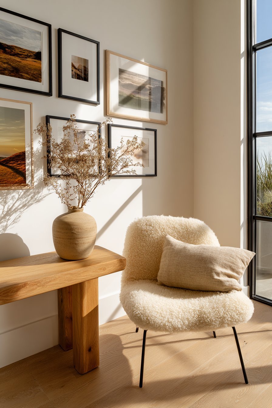 Black-framed photography gallery wall above a walnut console with hairpin legs, dried branches and bentwood chair