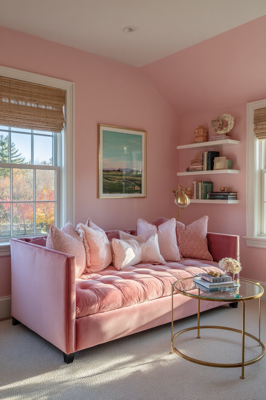 Small bedroom daybed with throw pillows, brass and glass round table and white oak floating shelves