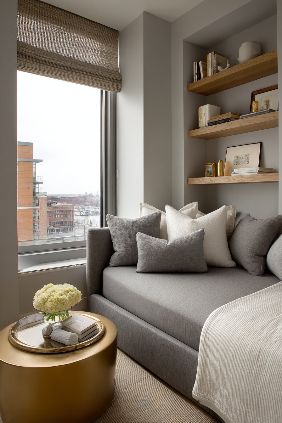 Small bedroom daybed with throw pillows, brass and glass round table and white oak floating shelves