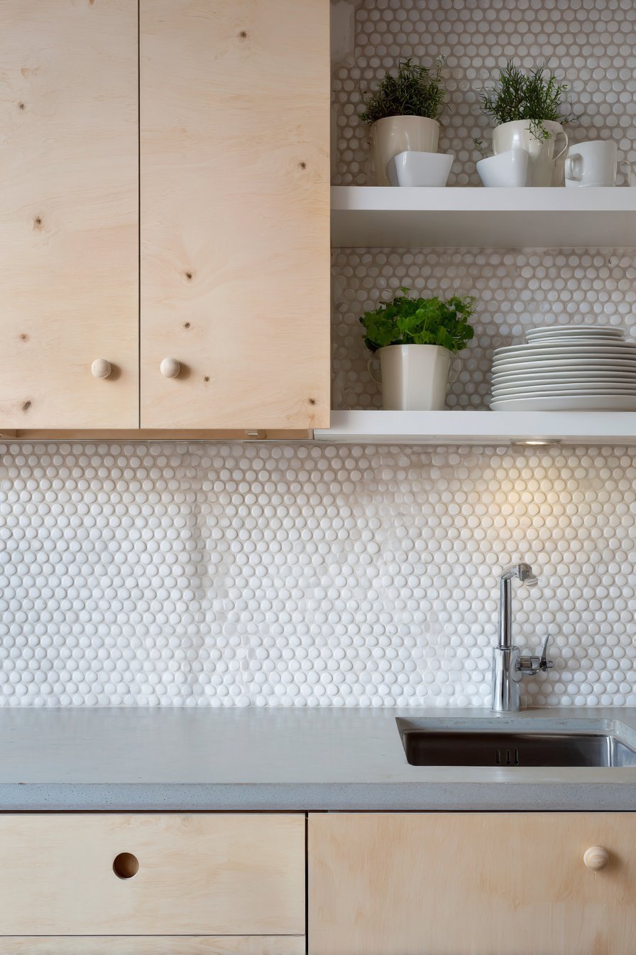 Scandinavian small kitchen with birch plywood cabinets, round wooden knobs and stacked white tile