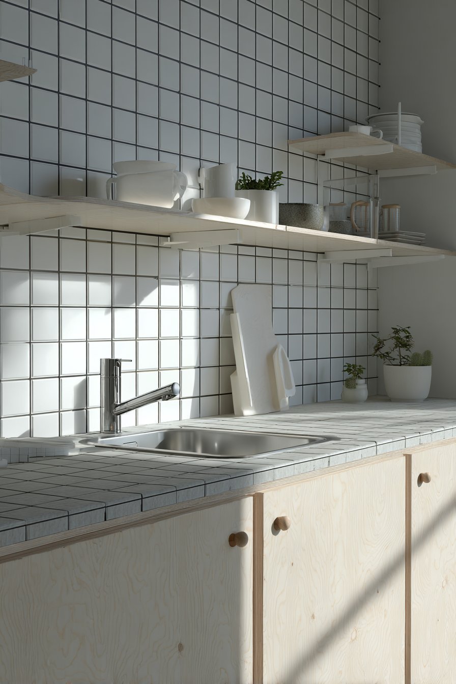 Scandinavian small kitchen with birch plywood cabinets, round wooden knobs and stacked white tile