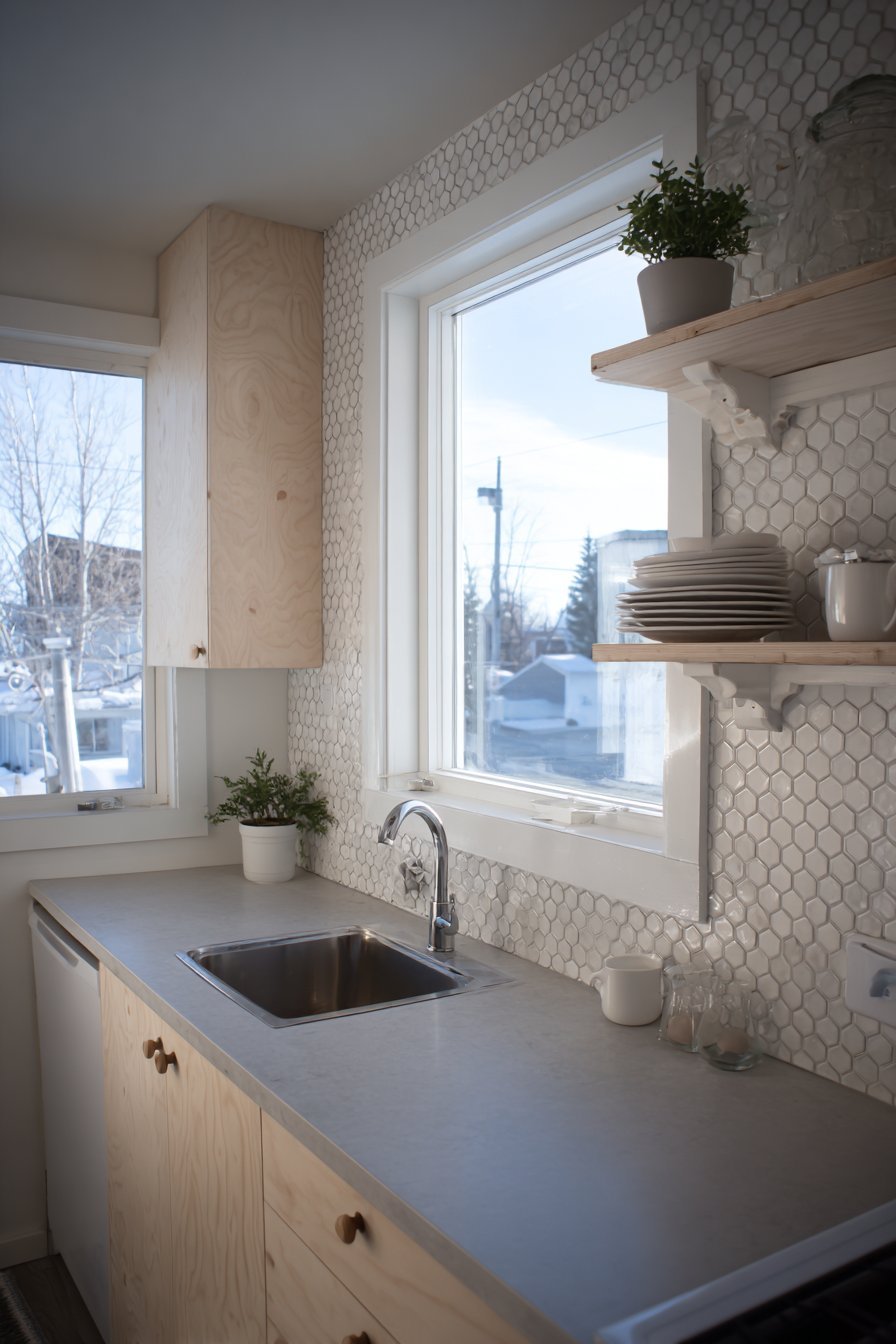 Scandinavian small kitchen with birch plywood cabinets, round wooden knobs and stacked white tile
