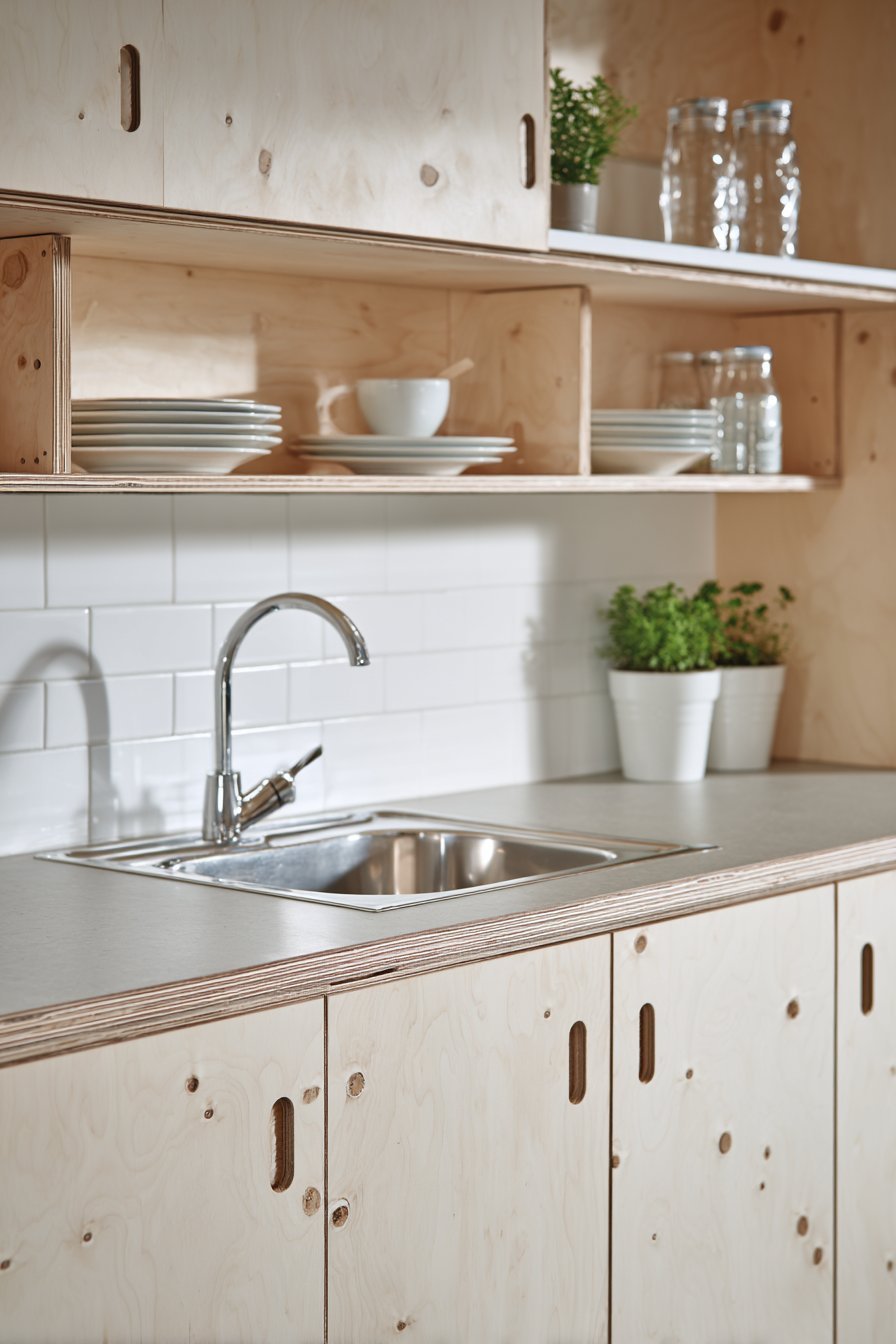 Scandinavian small kitchen with birch plywood cabinets, round wooden knobs and stacked white tile