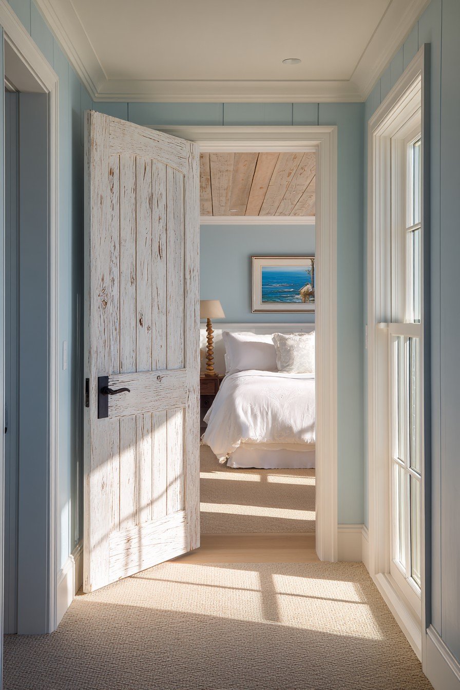 Whitewashed bedroom door with rope-wrapped handle, aqua walls and sandy beige carpet