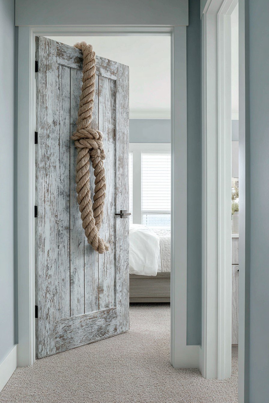 Whitewashed bedroom door with rope-wrapped handle, aqua walls and sandy beige carpet