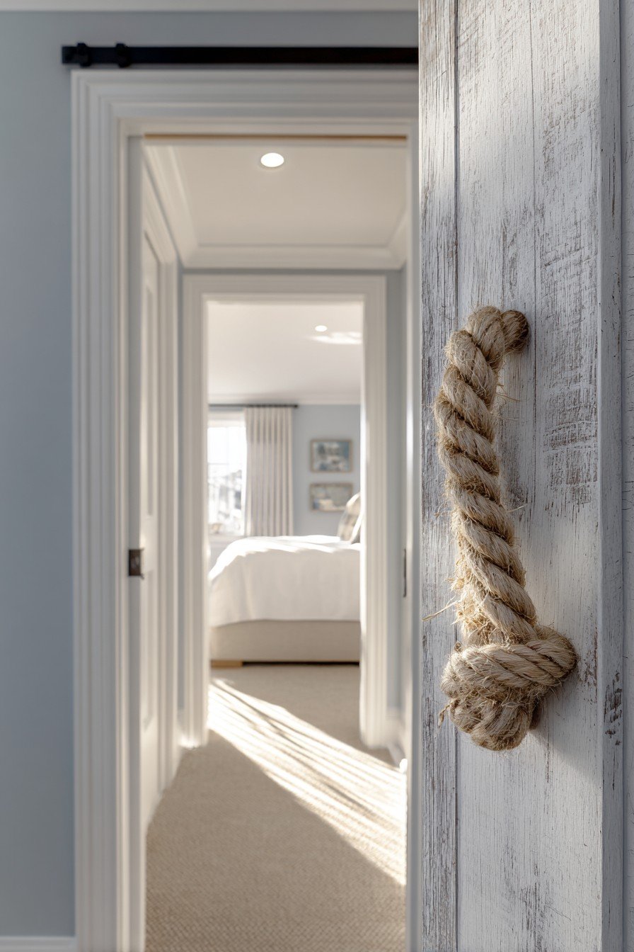 Whitewashed bedroom door with rope-wrapped handle, aqua walls and sandy beige carpet