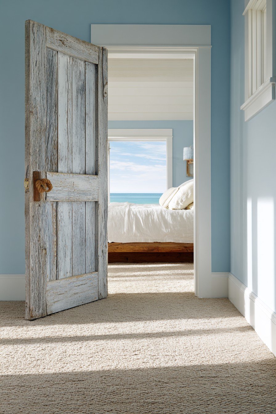 Whitewashed bedroom door with rope-wrapped handle, aqua walls and sandy beige carpet