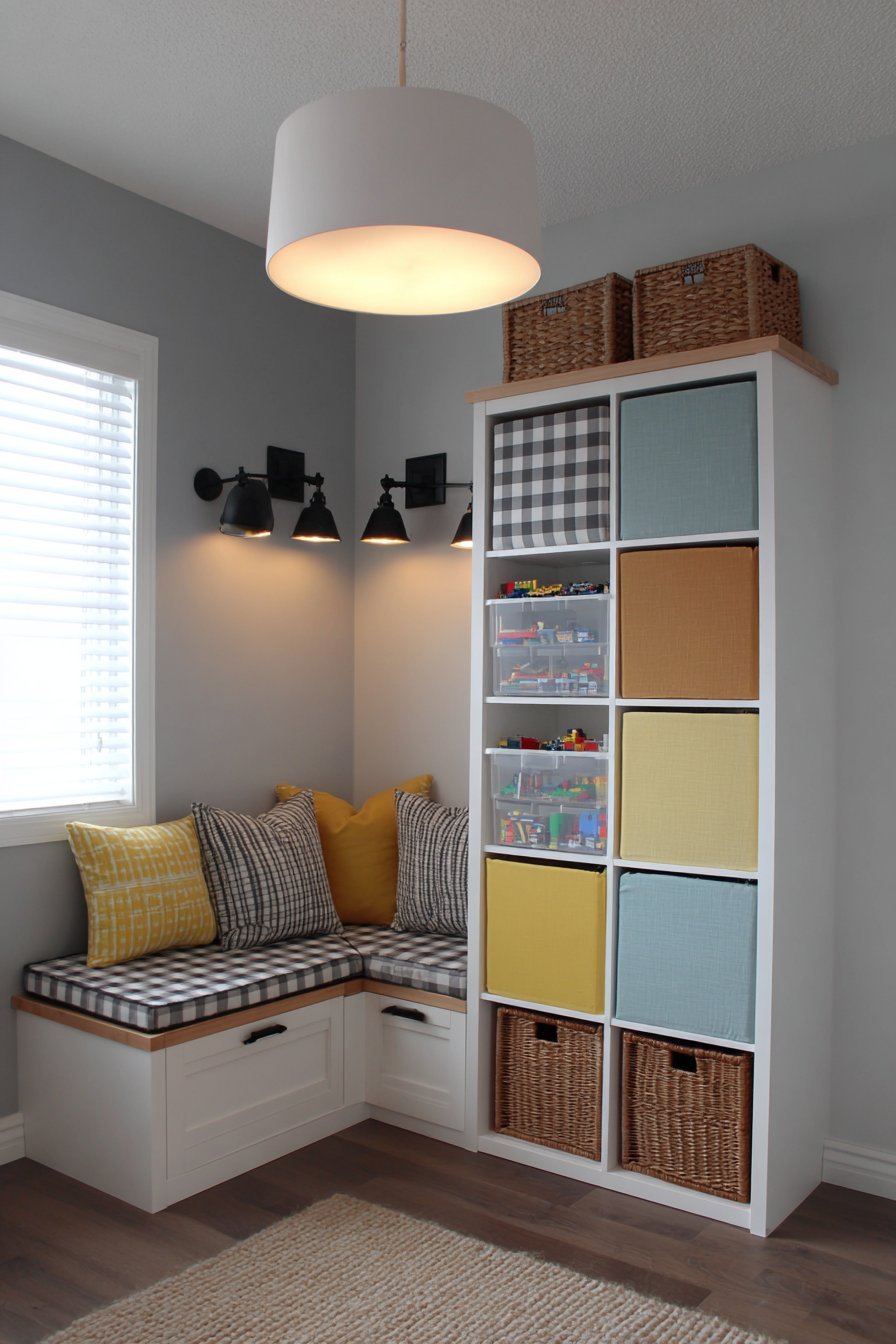 White 16-cube storage unit with fabric bins, clear containers and display cubes above a cushioned reading nook