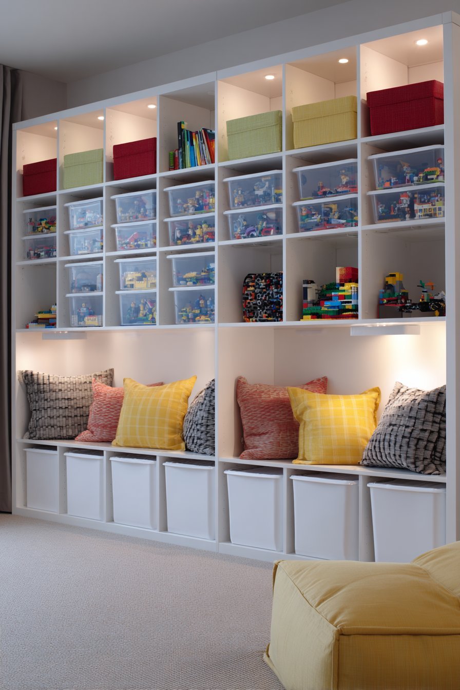 White 16-cube storage unit with fabric bins, clear containers and display cubes above a cushioned reading nook