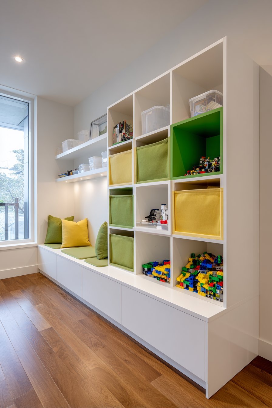 White 16-cube storage unit with fabric bins, clear containers and display cubes above a cushioned reading nook