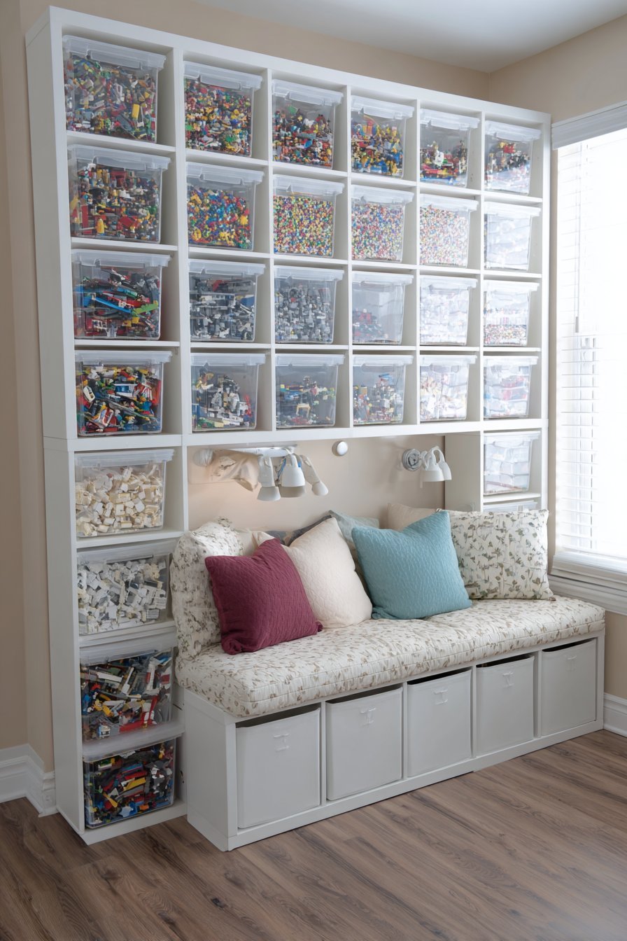 White 16-cube storage unit with fabric bins, clear containers and display cubes above a cushioned reading nook