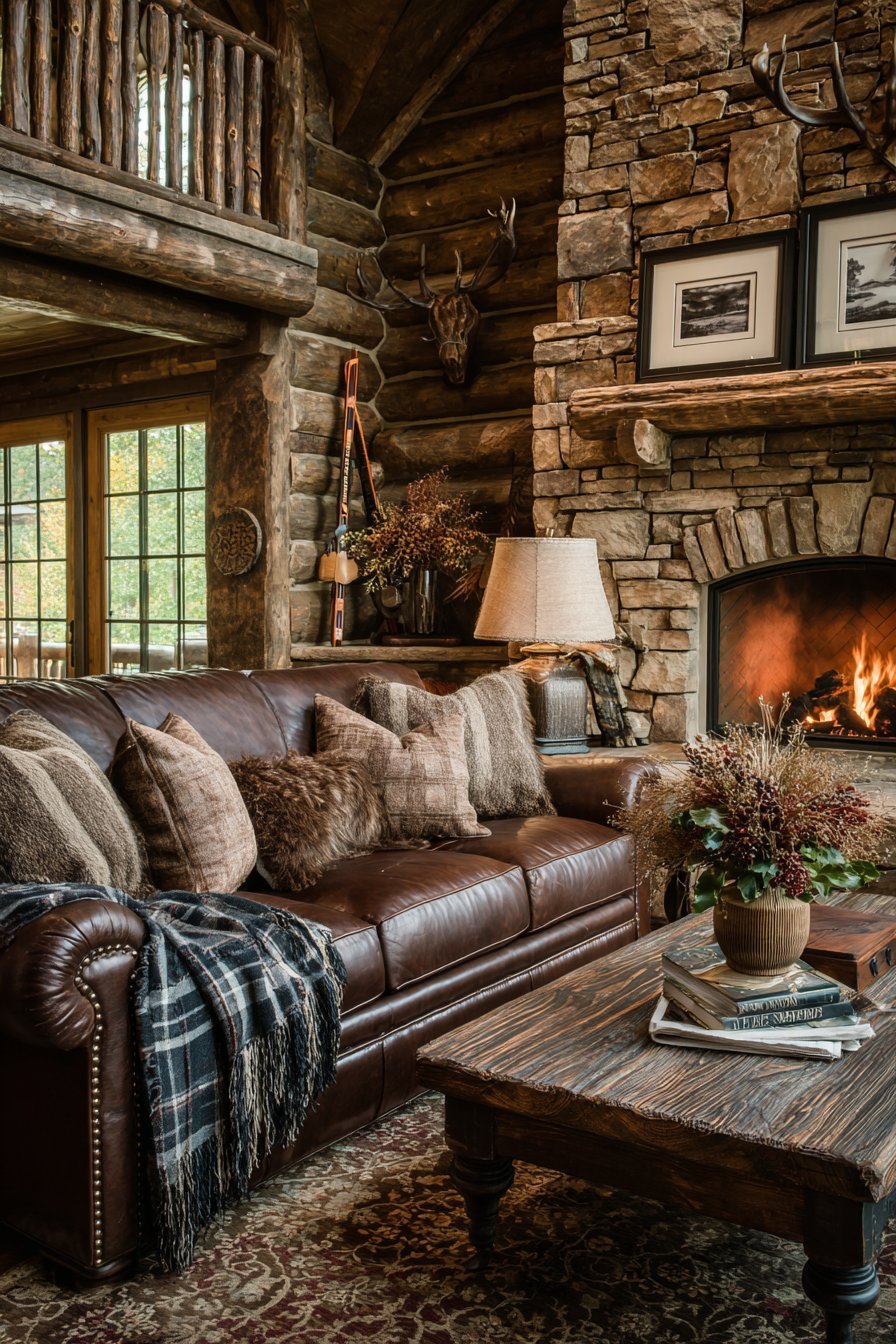 Lodge-style living room with mounted antlers, vintage skis, stone fireplace and brown nailhead leather sofa