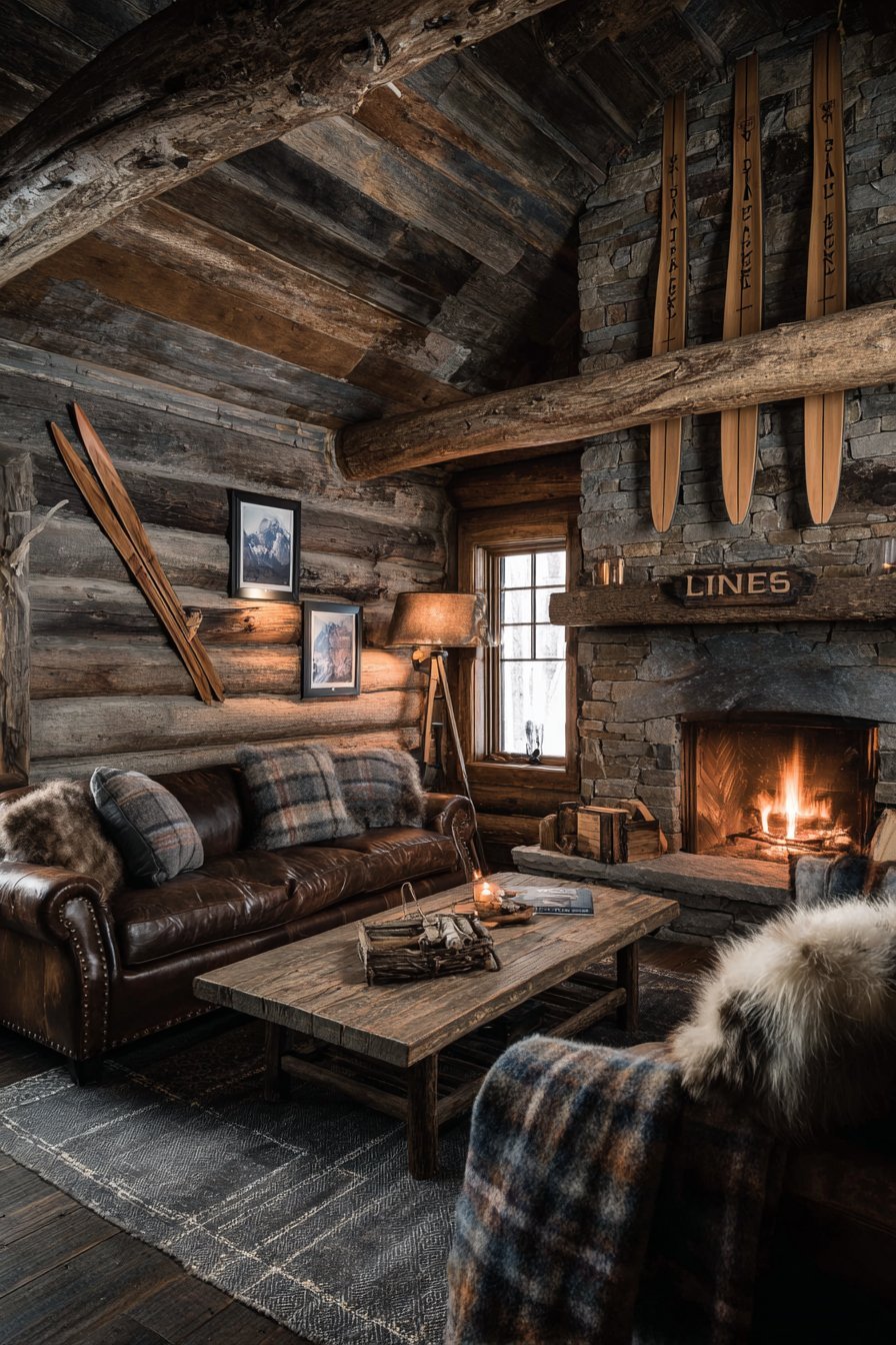 Lodge-style living room with mounted antlers, vintage skis, stone fireplace and brown nailhead leather sofa