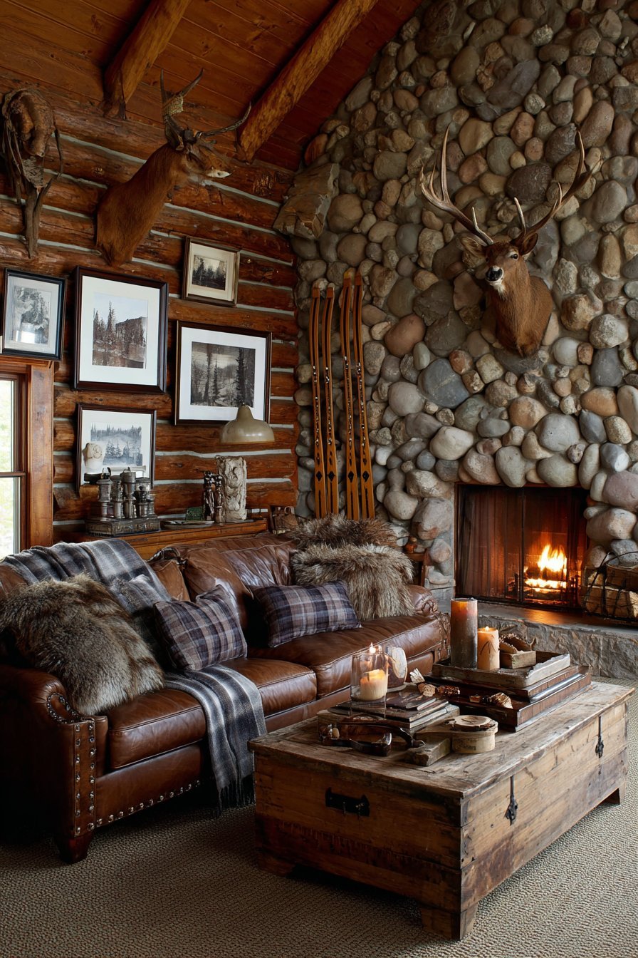 Lodge-style living room with mounted antlers, vintage skis, stone fireplace and brown nailhead leather sofa
