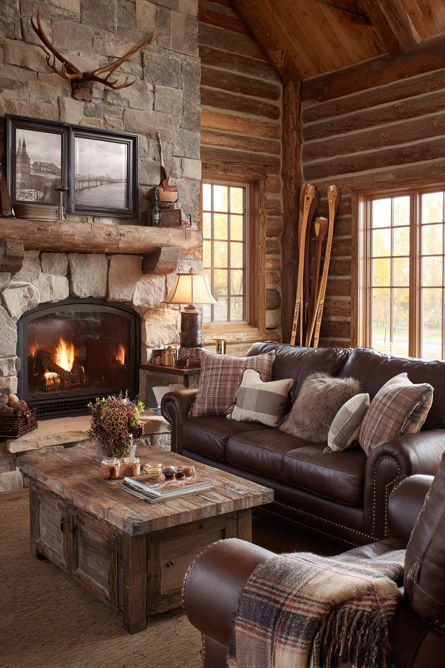 Lodge-style living room with mounted antlers, vintage skis, stone fireplace and brown nailhead leather sofa