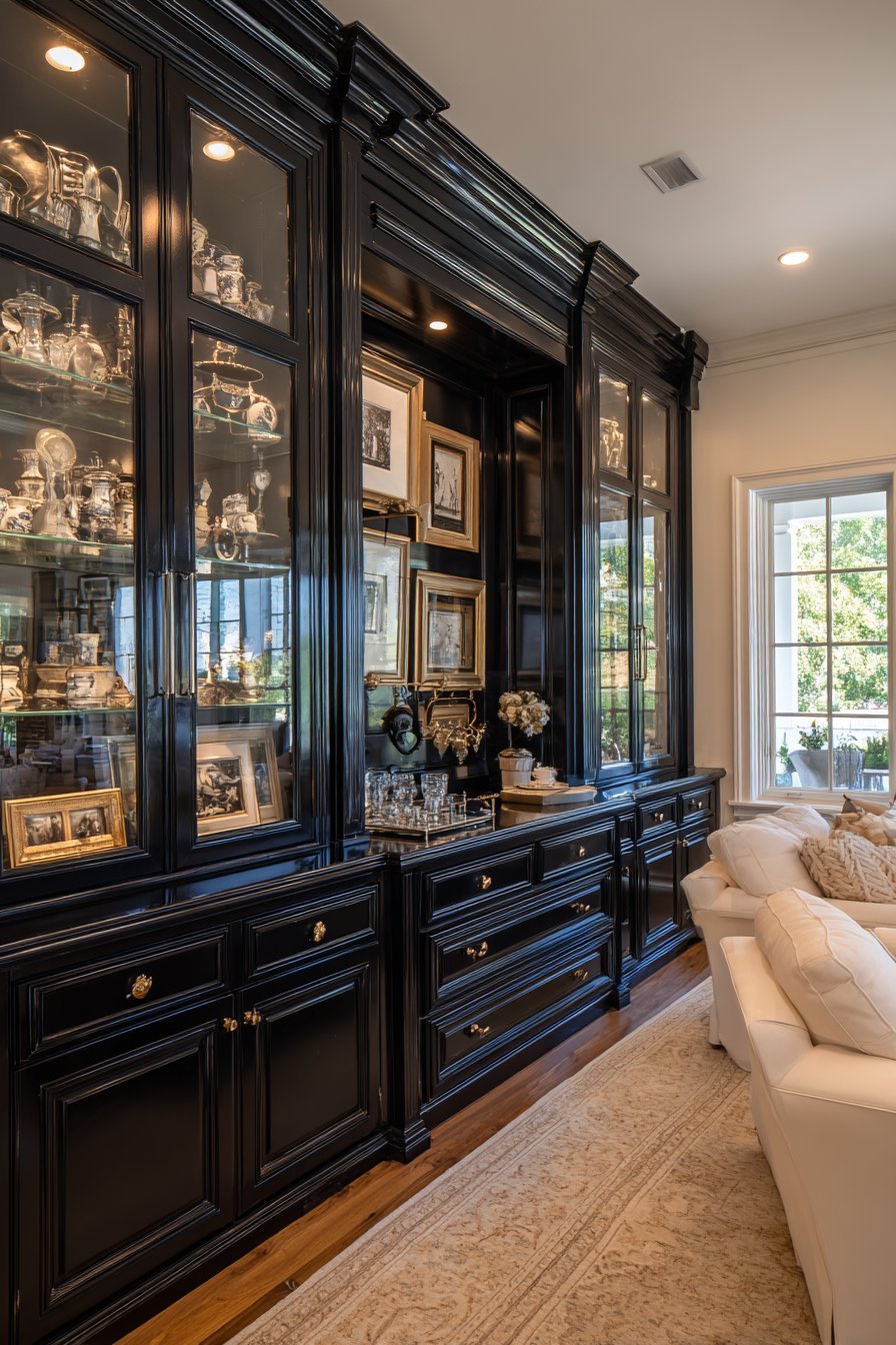 Dark ebony oak floor-to-ceiling cabinetry with lit glass display cases, hidden bar and brushed brass hardware