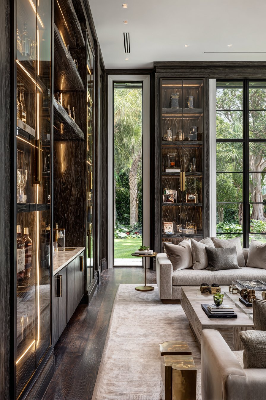 Dark ebony oak floor-to-ceiling cabinetry with lit glass display cases, hidden bar and brushed brass hardware