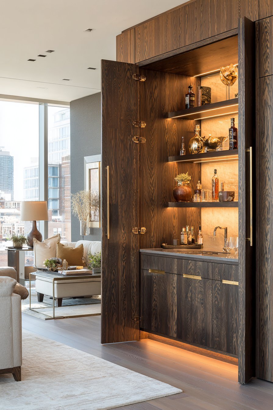 Dark ebony oak floor-to-ceiling cabinetry with lit glass display cases, hidden bar and brushed brass hardware