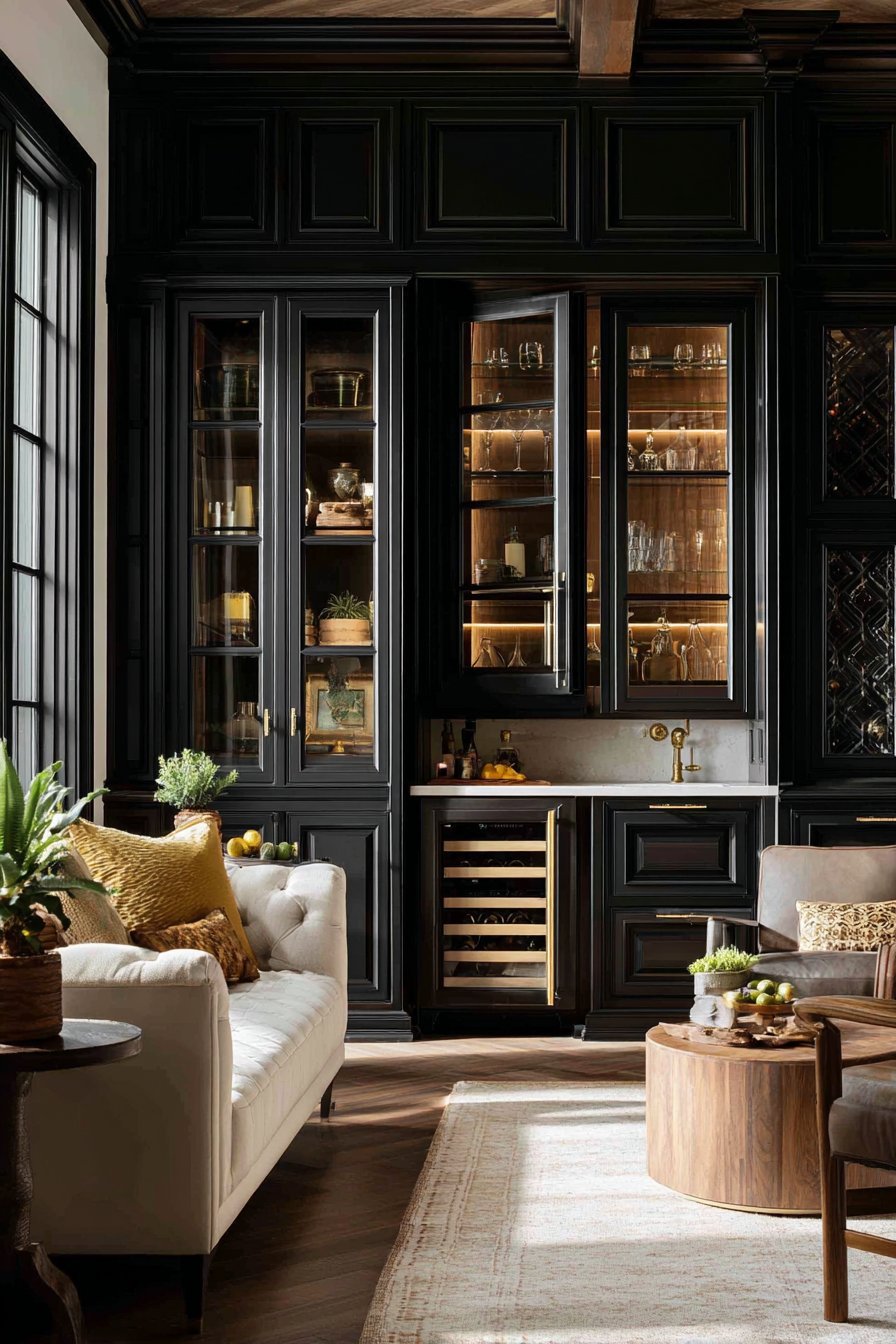 Dark ebony oak floor-to-ceiling cabinetry with lit glass display cases, hidden bar and brushed brass hardware