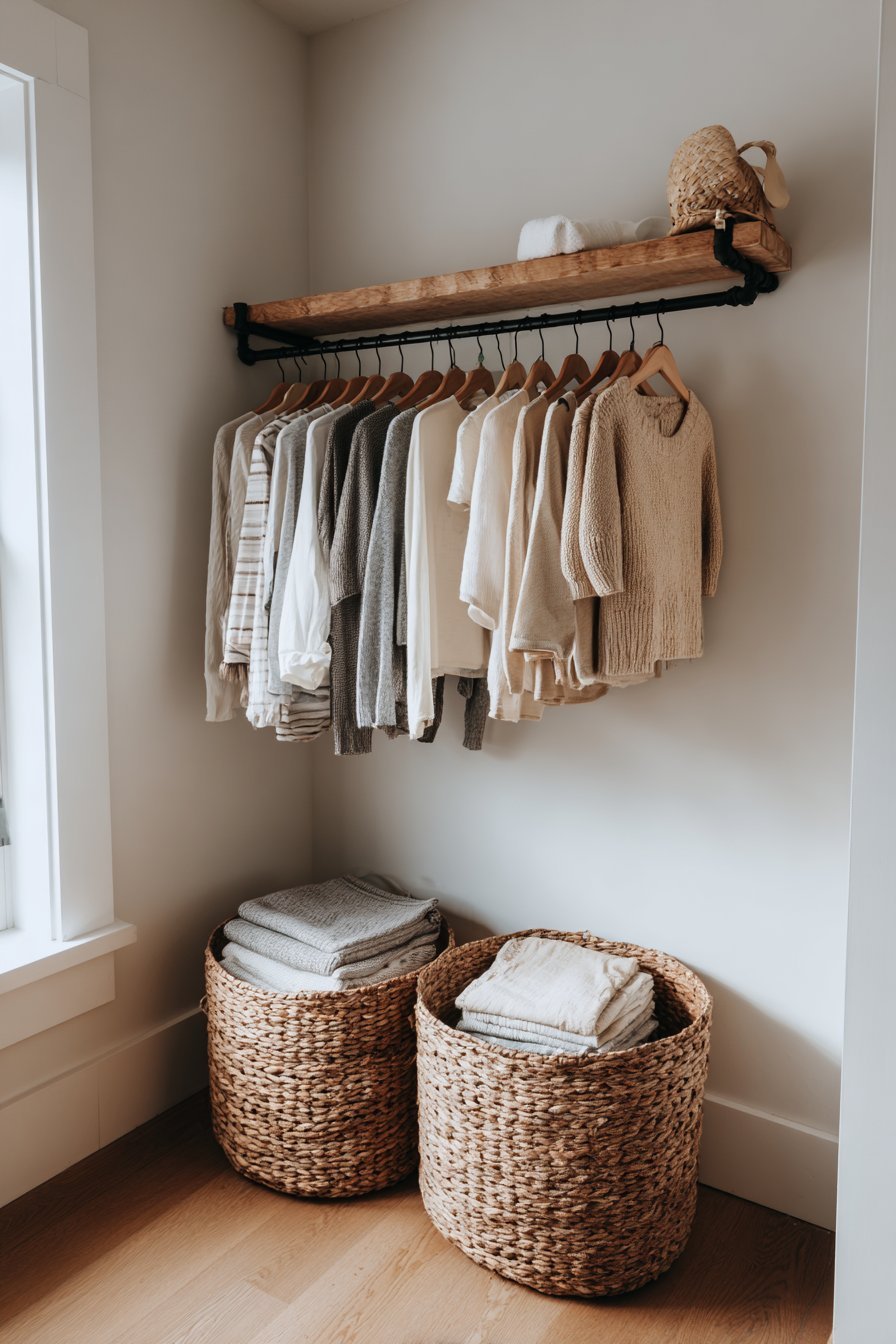 Capsule wardrobe on a beech clothing rail with two seagrass baskets below against light grey walls