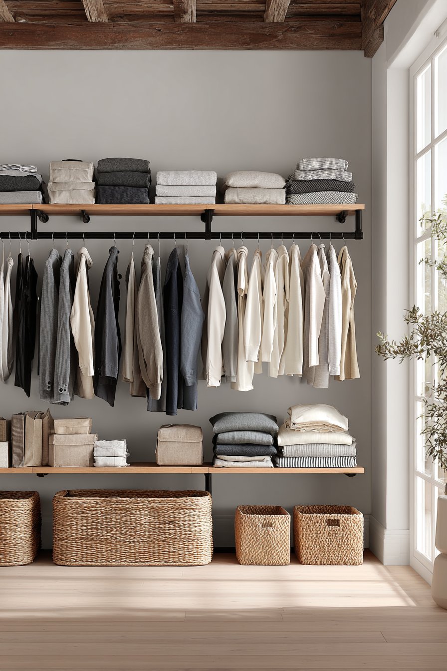 Capsule wardrobe on a beech clothing rail with two seagrass baskets below against light grey walls