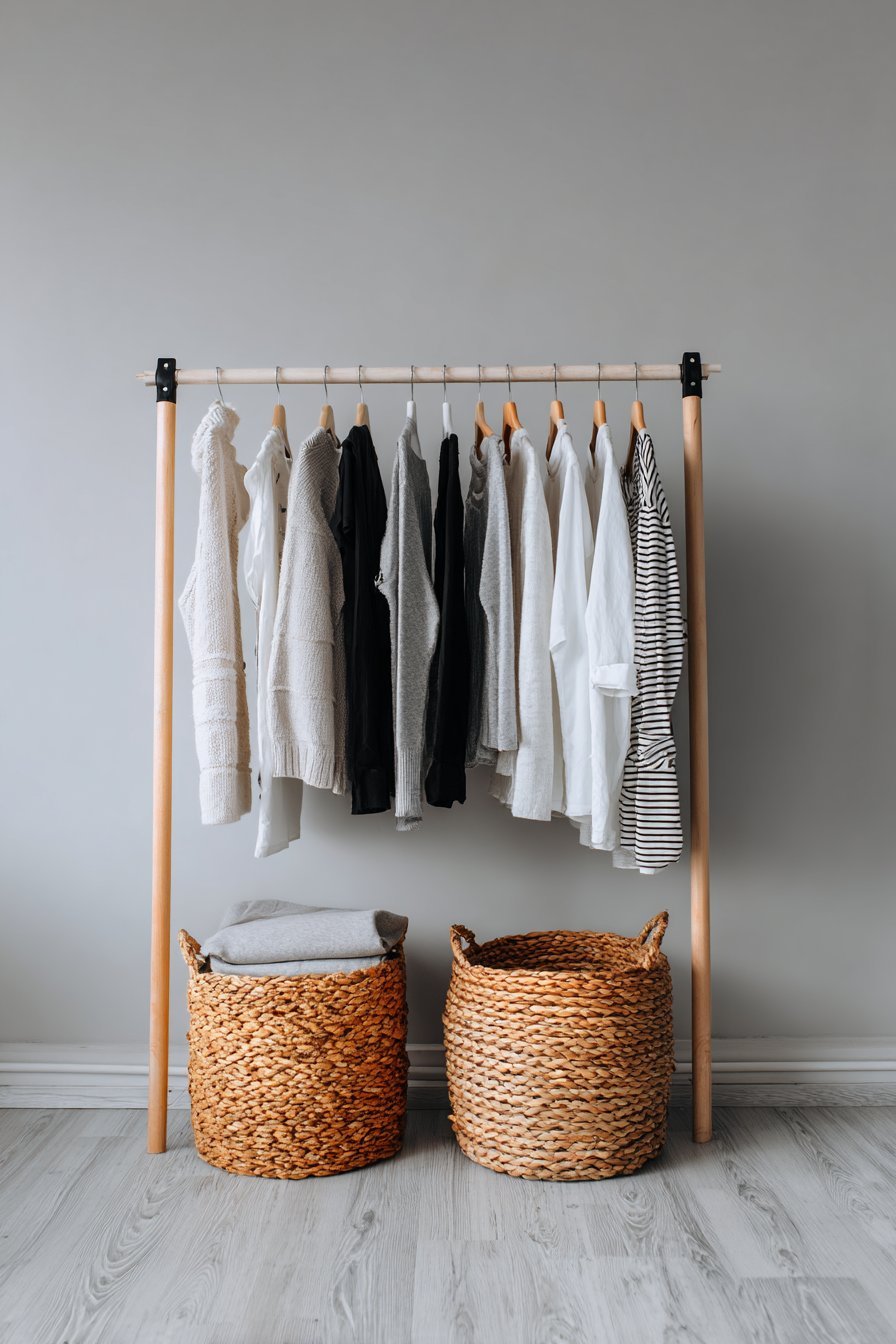 Capsule wardrobe on a beech clothing rail with two seagrass baskets below against light grey walls