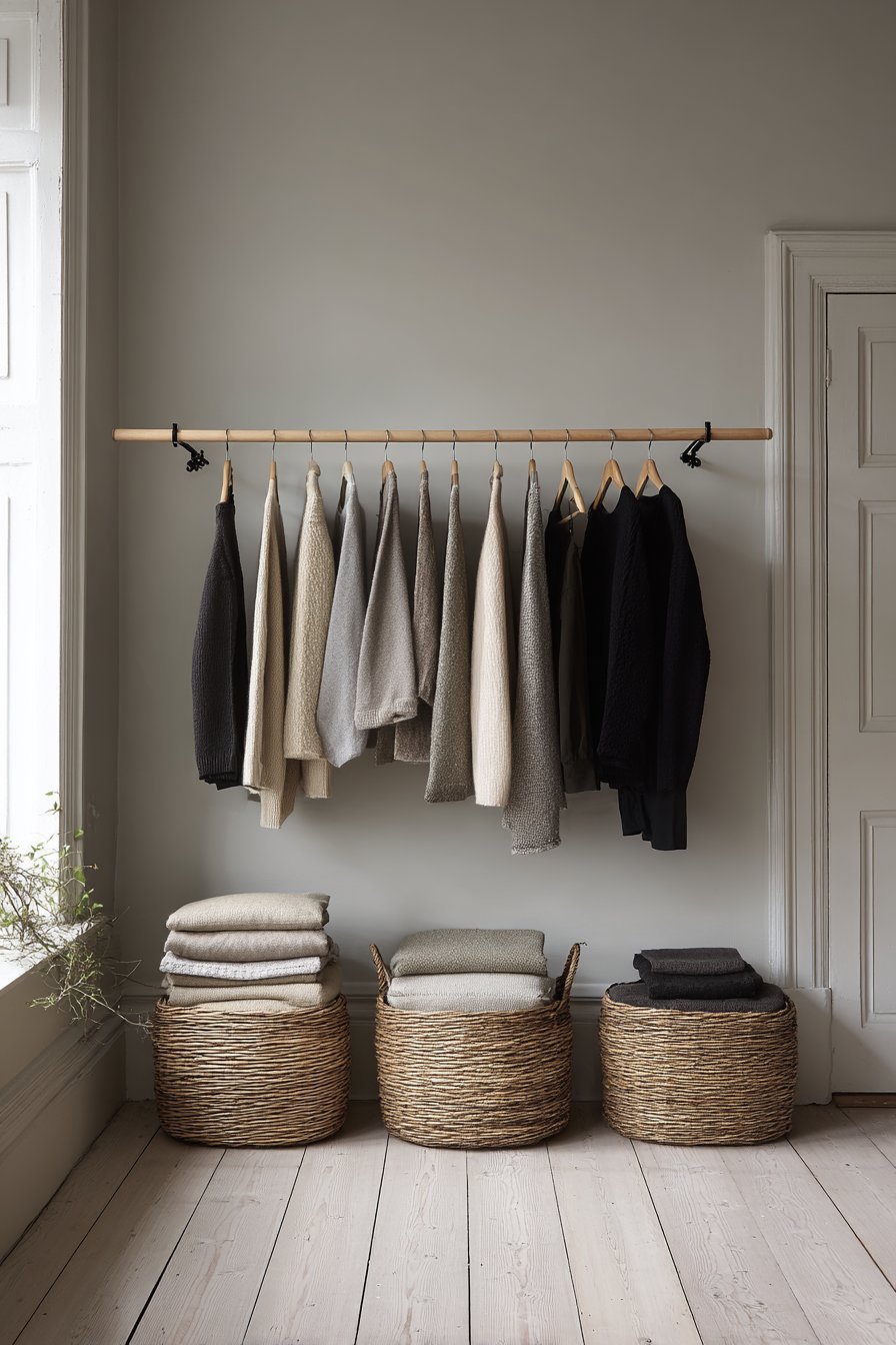 Capsule wardrobe on a beech clothing rail with two seagrass baskets below against light grey walls