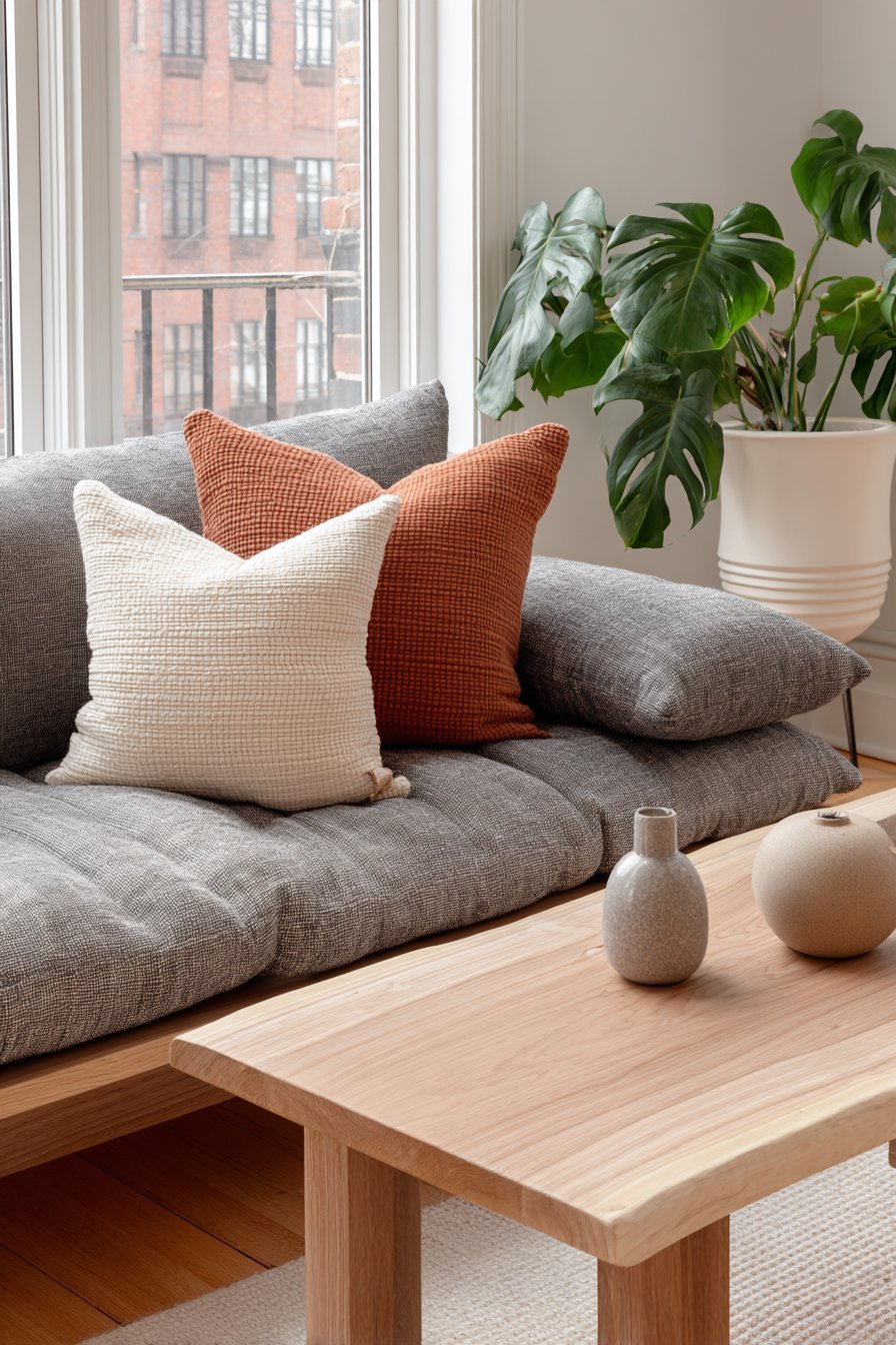 Heathered grey linen platform sofa with matching ottoman, live-edge oak coffee table and monstera plant