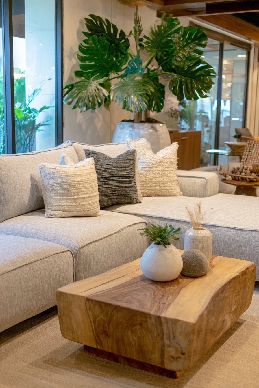 Heathered grey linen platform sofa with matching ottoman, live-edge oak coffee table and monstera plant
