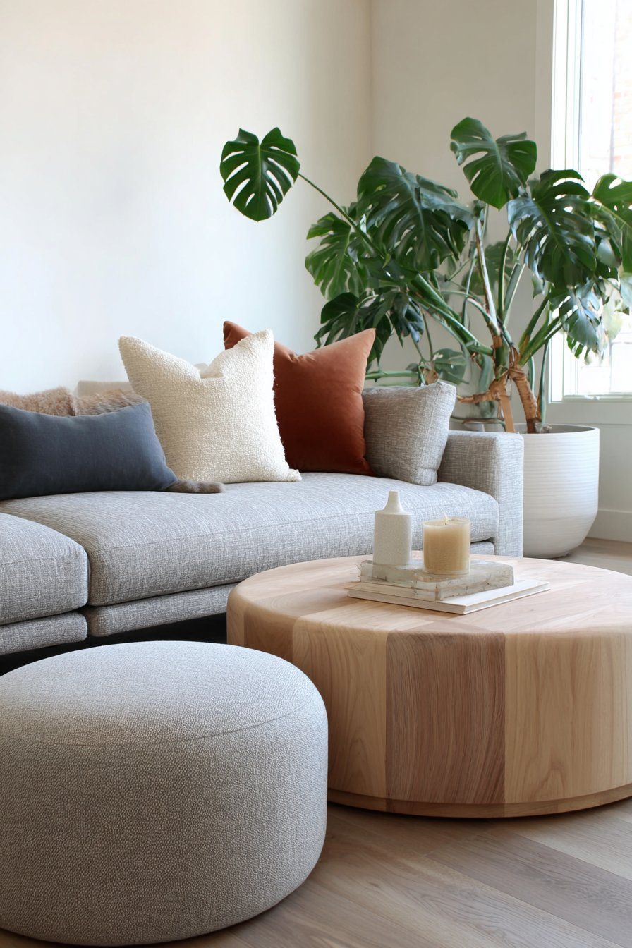 Heathered grey linen platform sofa with matching ottoman, live-edge oak coffee table and monstera plant