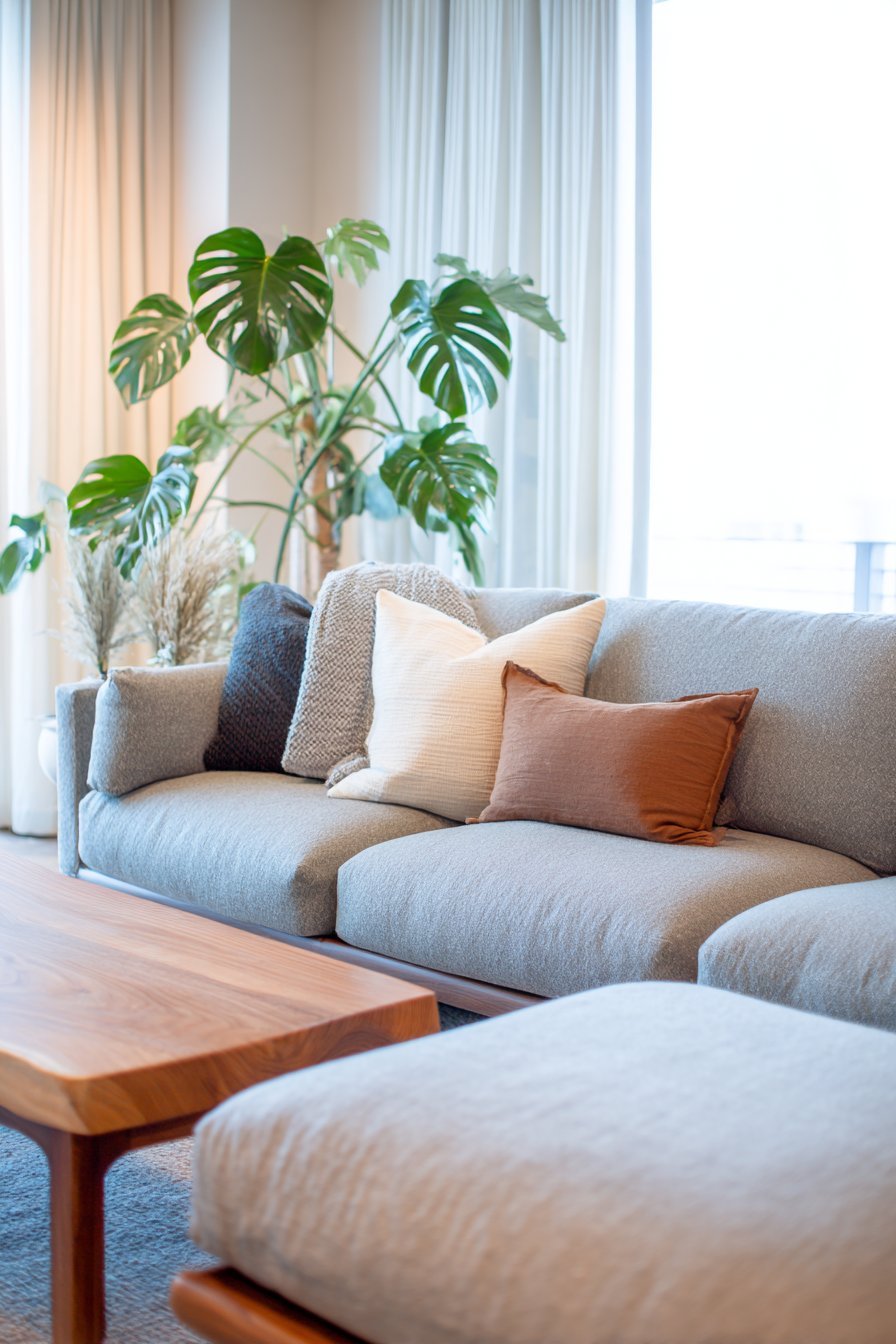 Heathered grey linen platform sofa with matching ottoman, live-edge oak coffee table and monstera plant