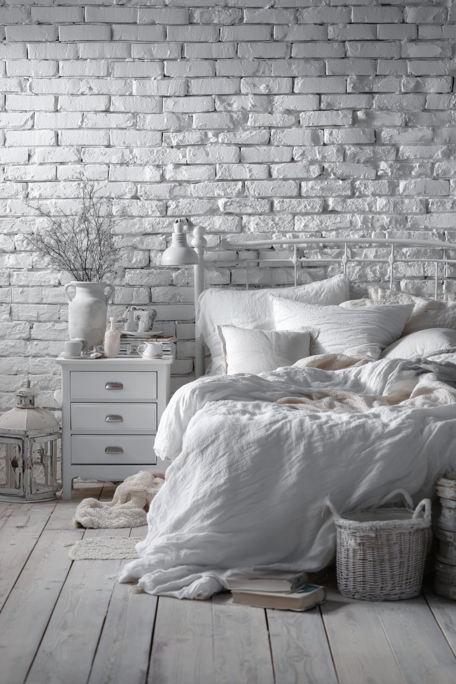 All-white small bedroom with painted brick wall, layered linen bedding and light ash wood floor