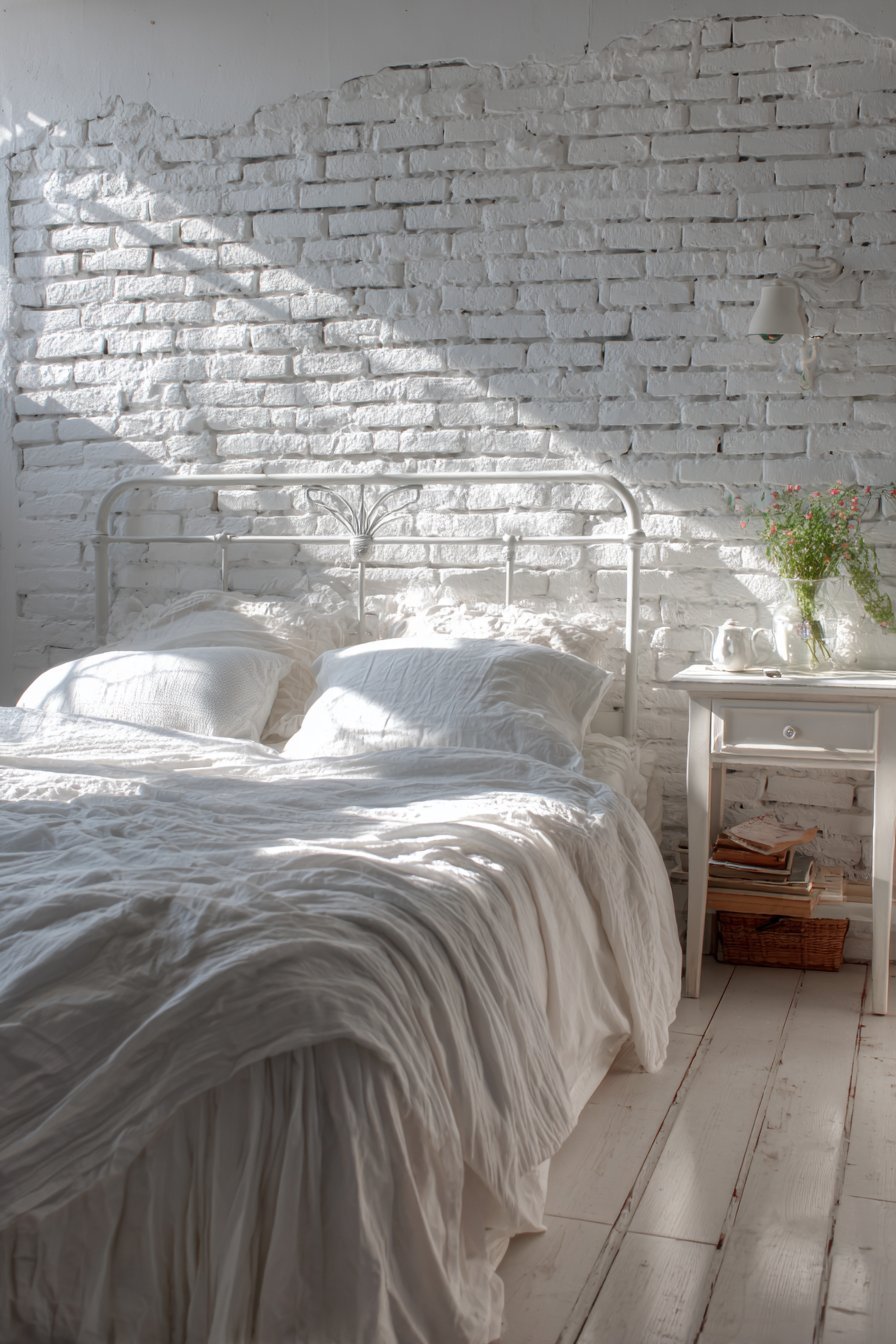 All-white small bedroom with painted brick wall, layered linen bedding and light ash wood floor