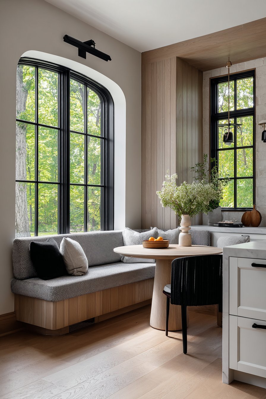 Built-in grey banquette and round white oak pedestal table in a small kitchen breakfast nook
