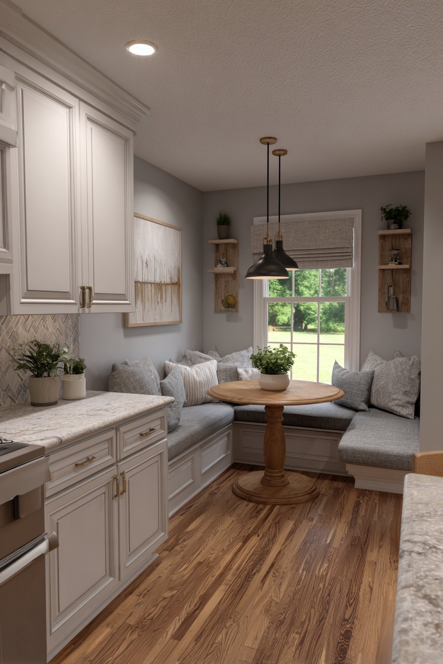 Built-in grey banquette and round white oak pedestal table in a small kitchen breakfast nook