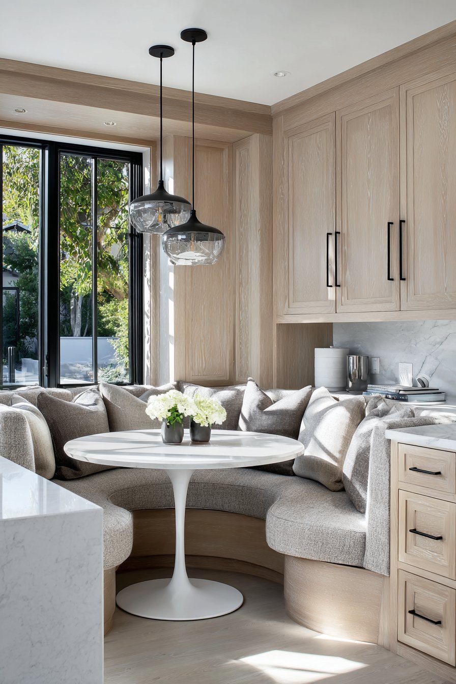 Built-in grey banquette and round white oak pedestal table in a small kitchen breakfast nook