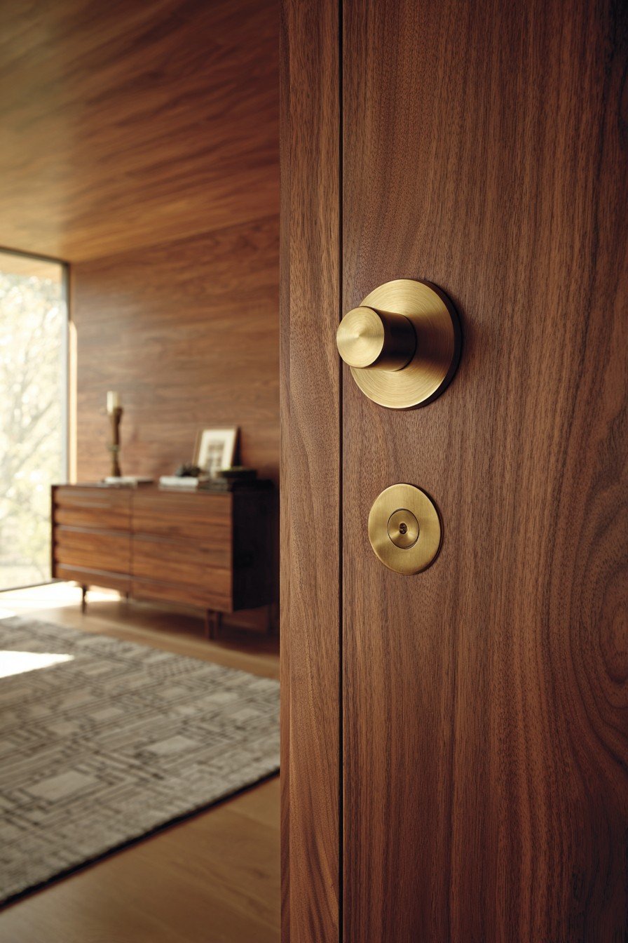Walnut horizontal plank bedroom door with brass cylindrical knob beside a teak dresser and geometric rug