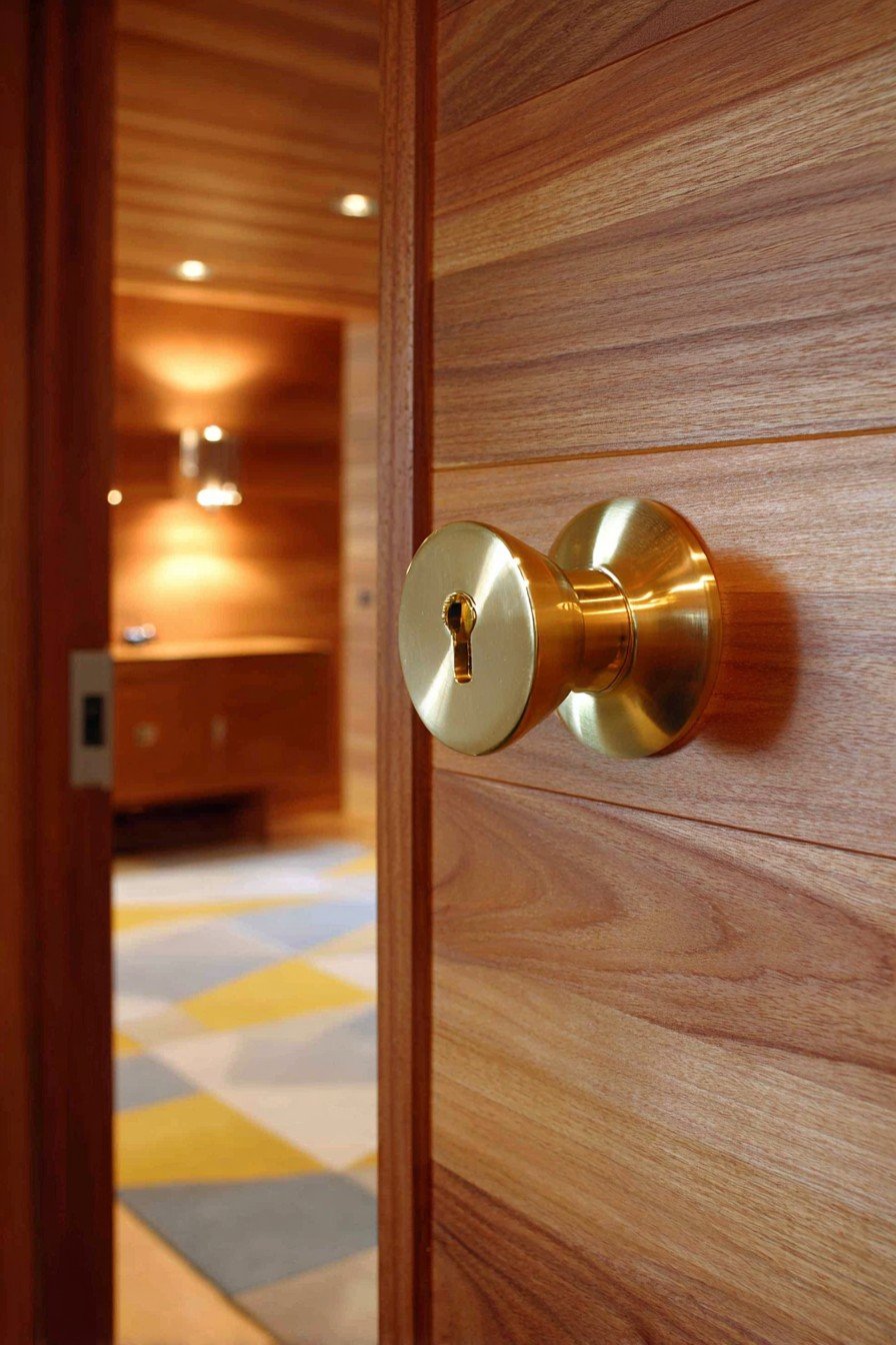 Walnut horizontal plank bedroom door with brass cylindrical knob beside a teak dresser and geometric rug
