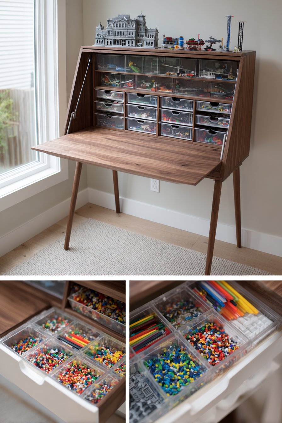 Walnut secretary desk opened to show Lego compartments, small drawers and an attached building baseplate