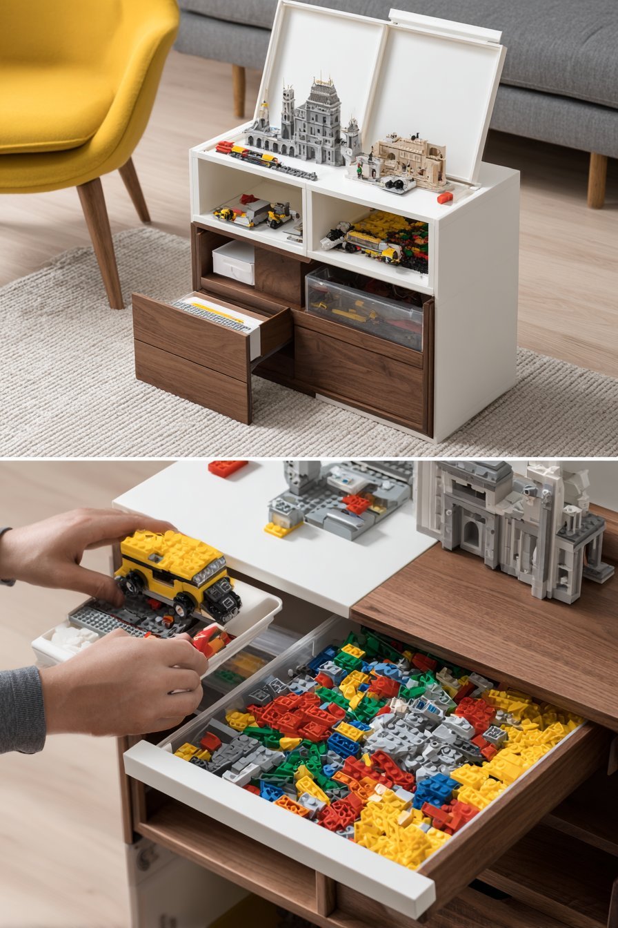 Walnut secretary desk opened to show Lego compartments, small drawers and an attached building baseplate