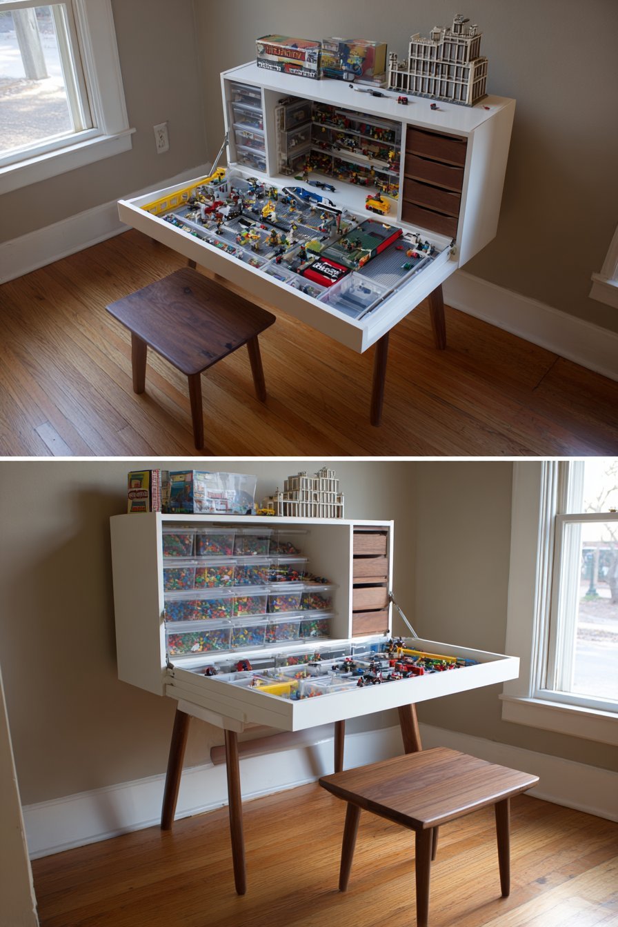 Walnut secretary desk opened to show Lego compartments, small drawers and an attached building baseplate