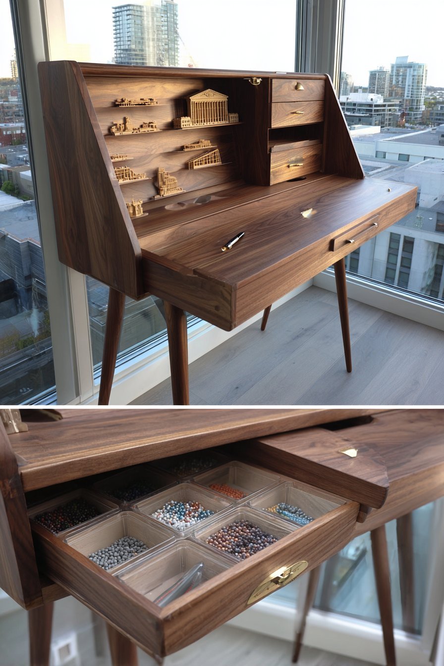 Walnut secretary desk opened to show Lego compartments, small drawers and an attached building baseplate